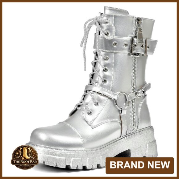 Women's Motorcycle Combat Boots Chunky Lug Sole Mid Calf Harness Zipper